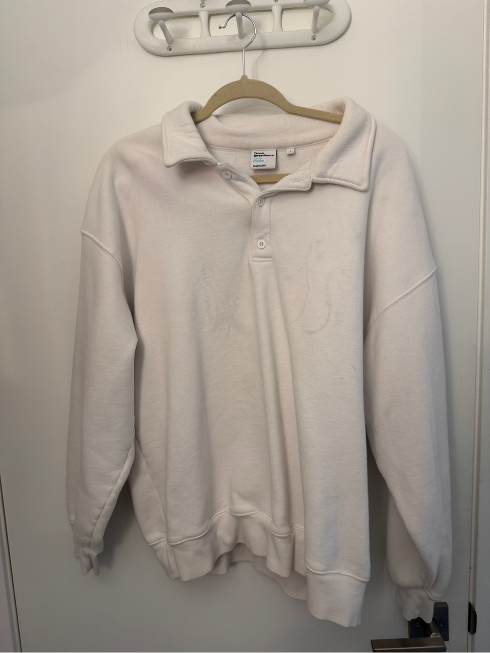 TNA Cozy Fleece Boyfriend White Pullover Button-Collar Sweatshirt